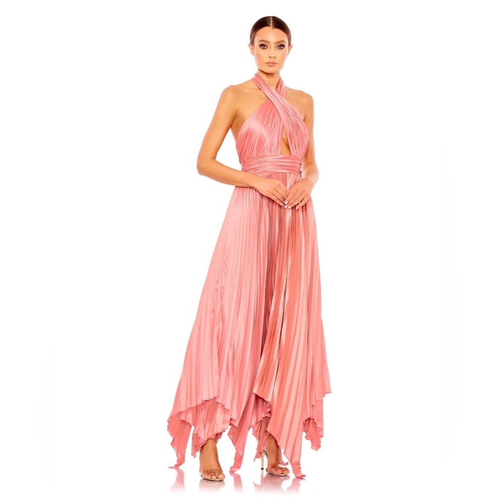 Mac Duggal Pleated Halter Neck Asymmetrical Gown; MSRP $498: Size 0.